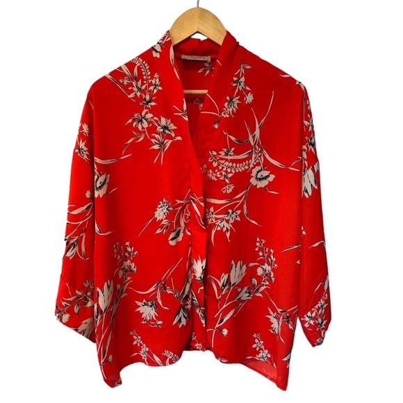 Dress Forum Red Kimono Sleeve Floral Boxy Top Small - Picture 1 of 4